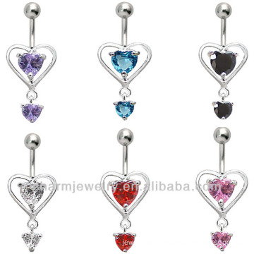 316L Surgical Steel 14 Guage Double Heart Dangle Navel Belly Bar Ring Body Jewelry Piercing BER-008